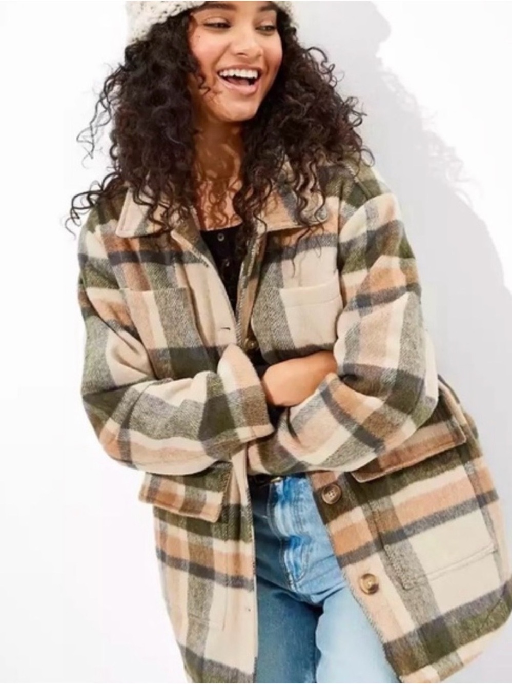 American Eagle Women’s Green/Cream/Tan Plaid Sherpa Lined Shacket Size Medium